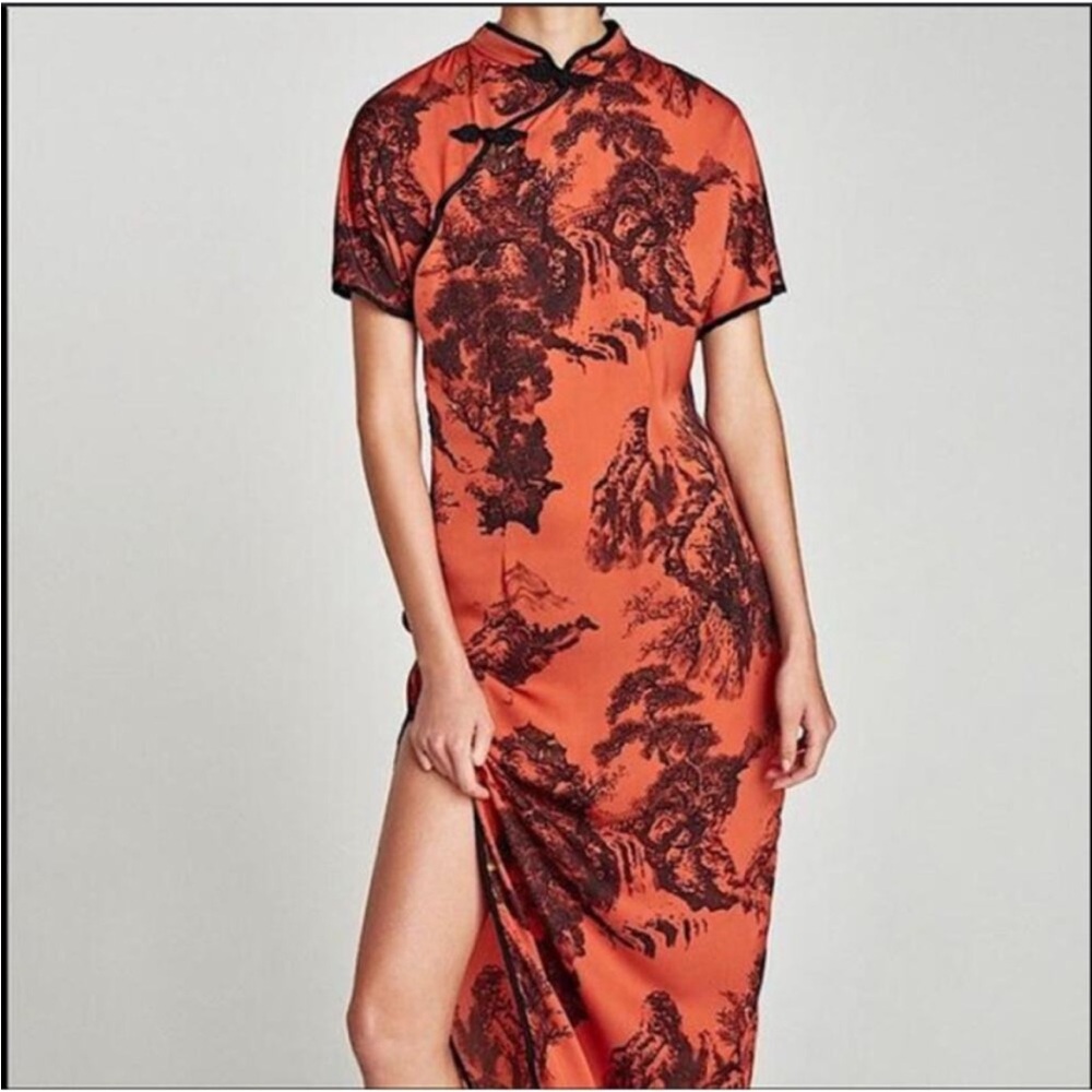 Zara Orange Sheath Dress with Mandarin Collar and Slit Moroccan Satin